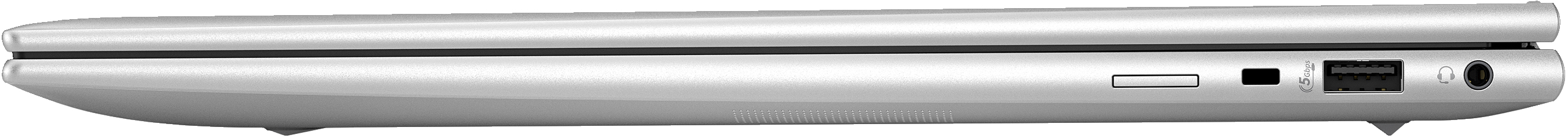 Ein silberner Laptop, Seitenansicht, mit sichtbaren Anschlüssen auf weißem Hintergrund.