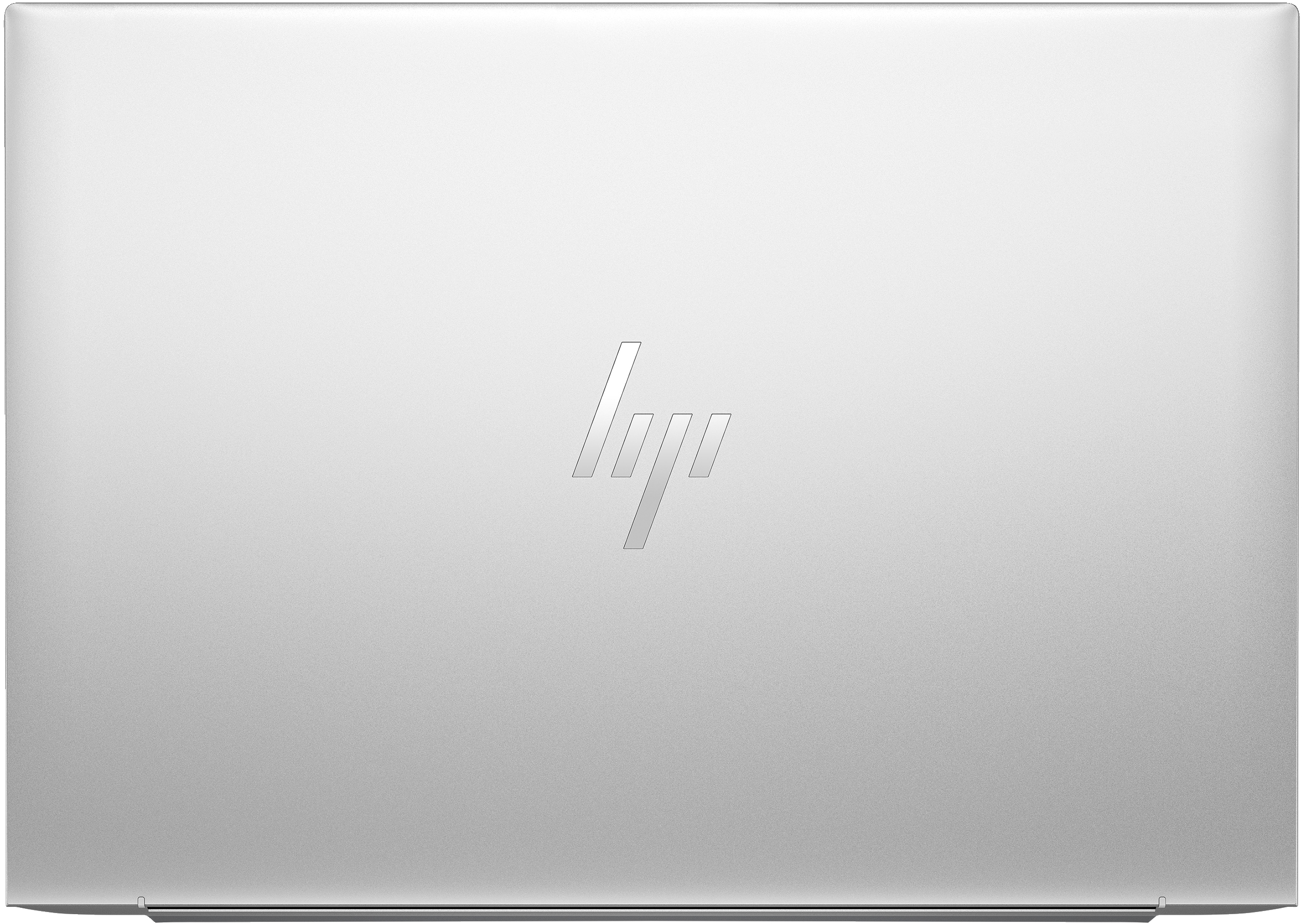 Die Rückseite eines silbernen Laptops mit HP-Logo in der Mitte. Die Oberfläche ist glatt und reflektierend.