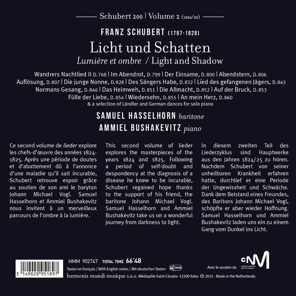 CD-Cover: Franz Schuberts Licht und Schatten, mit Künstlernamen und Details der Lieder.