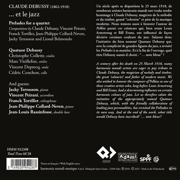 Text auf einem CD-Cover: Claude Debussy, Präludien für ein Quartett. Liste der Kompositionen und Künstlernamen.