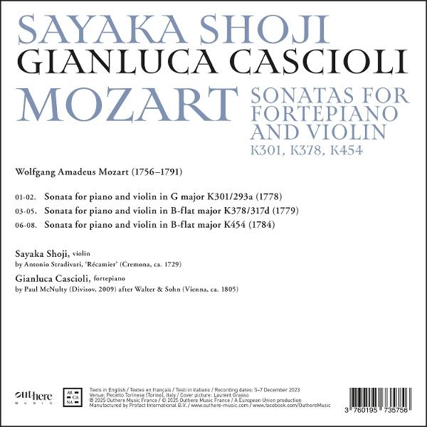 CD-Cover mit Text: Sayaka Shoji, Gianluca Cascioli, spielen Mozart-Sonaten für Fortepiano und Violine.