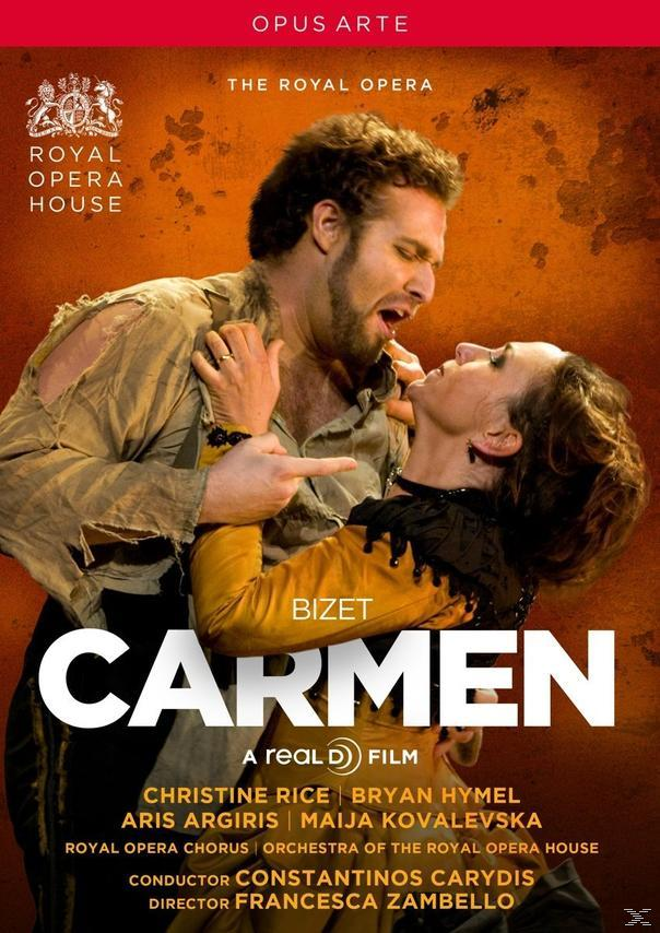 Opernplakat für Carmen. Ein Mann greift eine Frau in Gelb. Roter Text auf rotem Hintergrund.