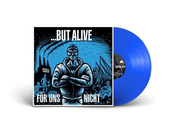 Vinyl-Schallplatte mit Albumcover mit einer Figur und Skyline.