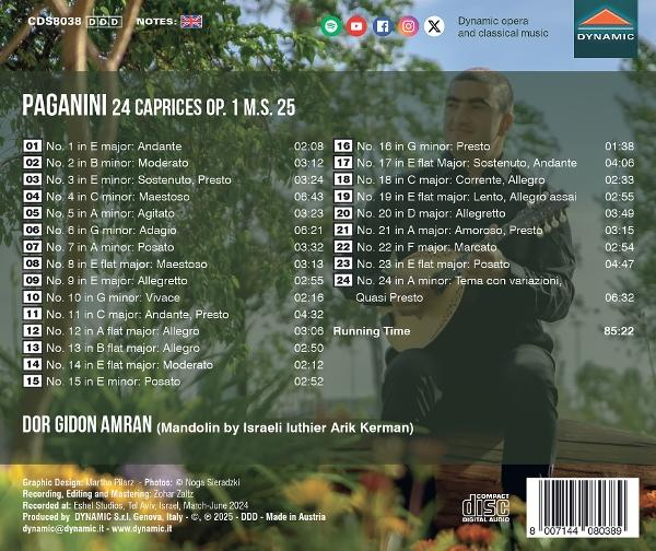 Rückseite von Paganini 24 Caprices Op.1 von Dor Gidon Amran, mit Text.