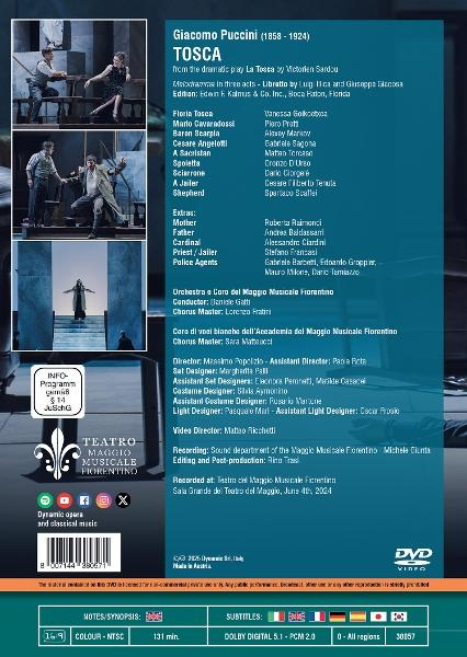Rückseite einer DVD-Hülle für die Oper 'Tosca' von Giacomo Puccini mit Bildern der Aufführung.