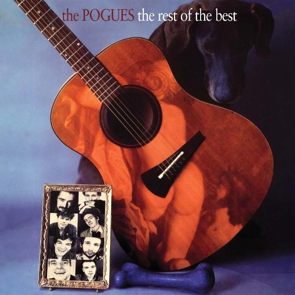 Albumcover: Gitarre und Hund, mit einem Foto der Bandmitglieder von The Pogues.