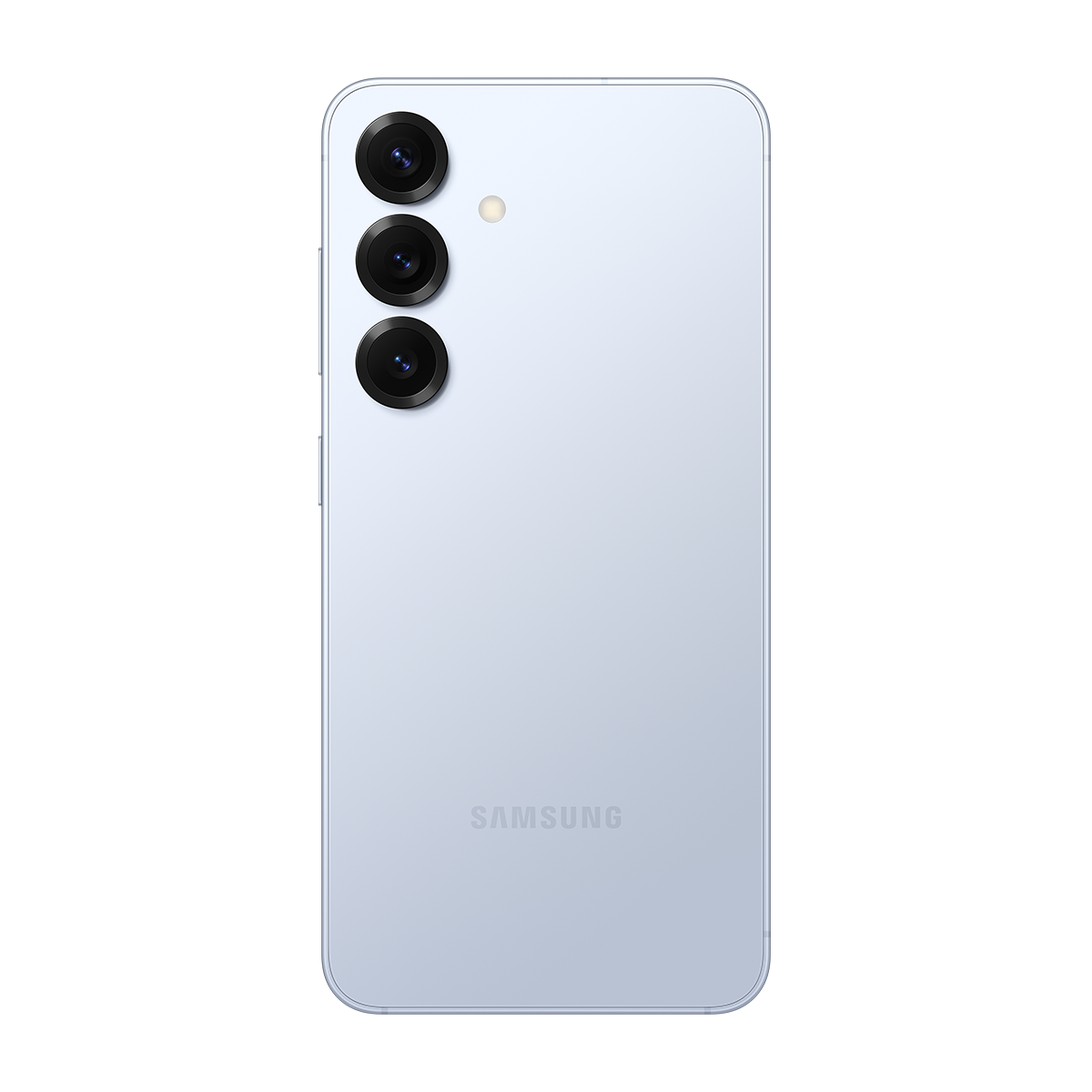 Üç kameralı açık mavi telefon arkası. Samsung logosu görünür. Siyah arka plan.