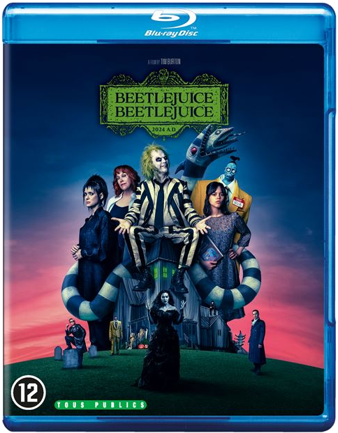 Beetlejuice movie cover. Actors and the film title. Blue background.
