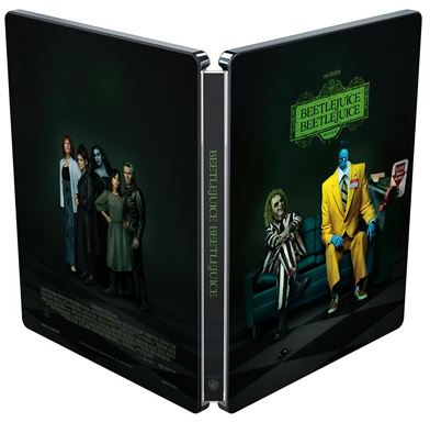 Beetlejuice filmhoesje open, met personages op een groene achtergrond.