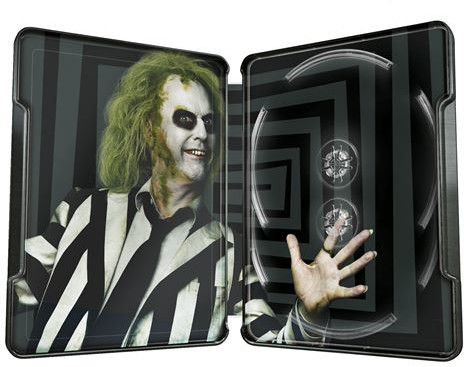 Beetlejuice Blu-ray. Omslag met Beetlejuice in strepen. Open, met schijven.