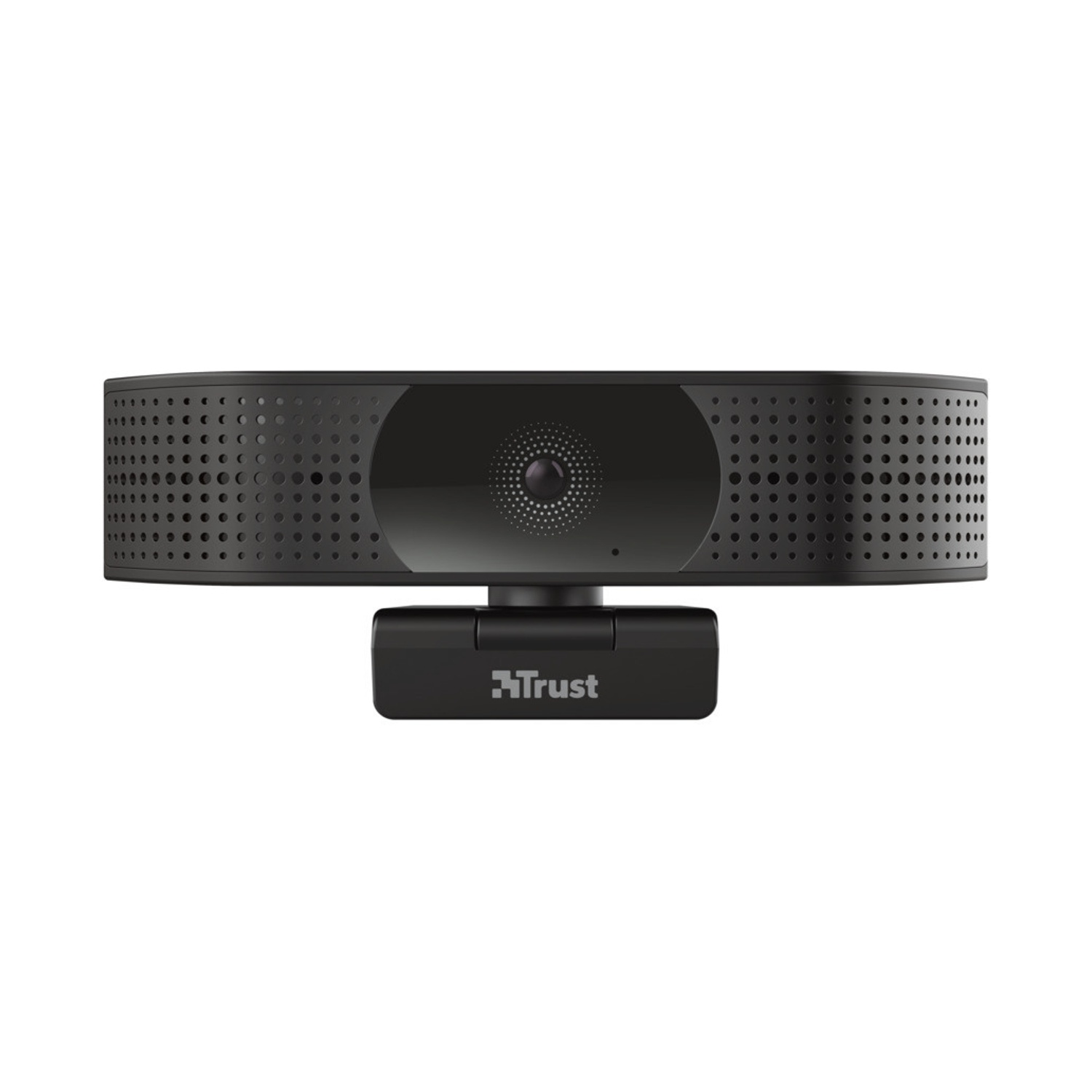 Webcam nera con logo Trust, vista frontale. Design perforato.