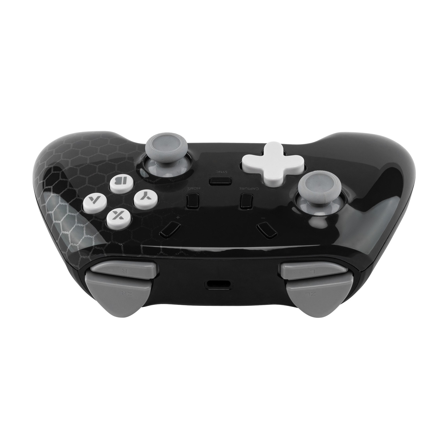 Un controller nero con pulsanti grigi, una croce bianca e un design a esagoni.