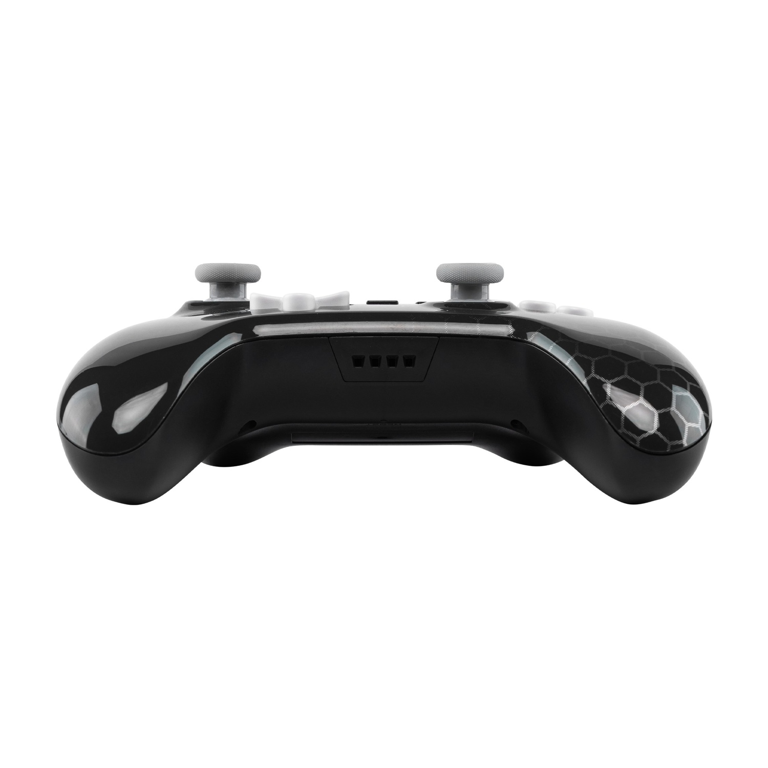 Un controller di gioco nero con joystick e pulsanti grigi. Il controller è su sfondo bianco.