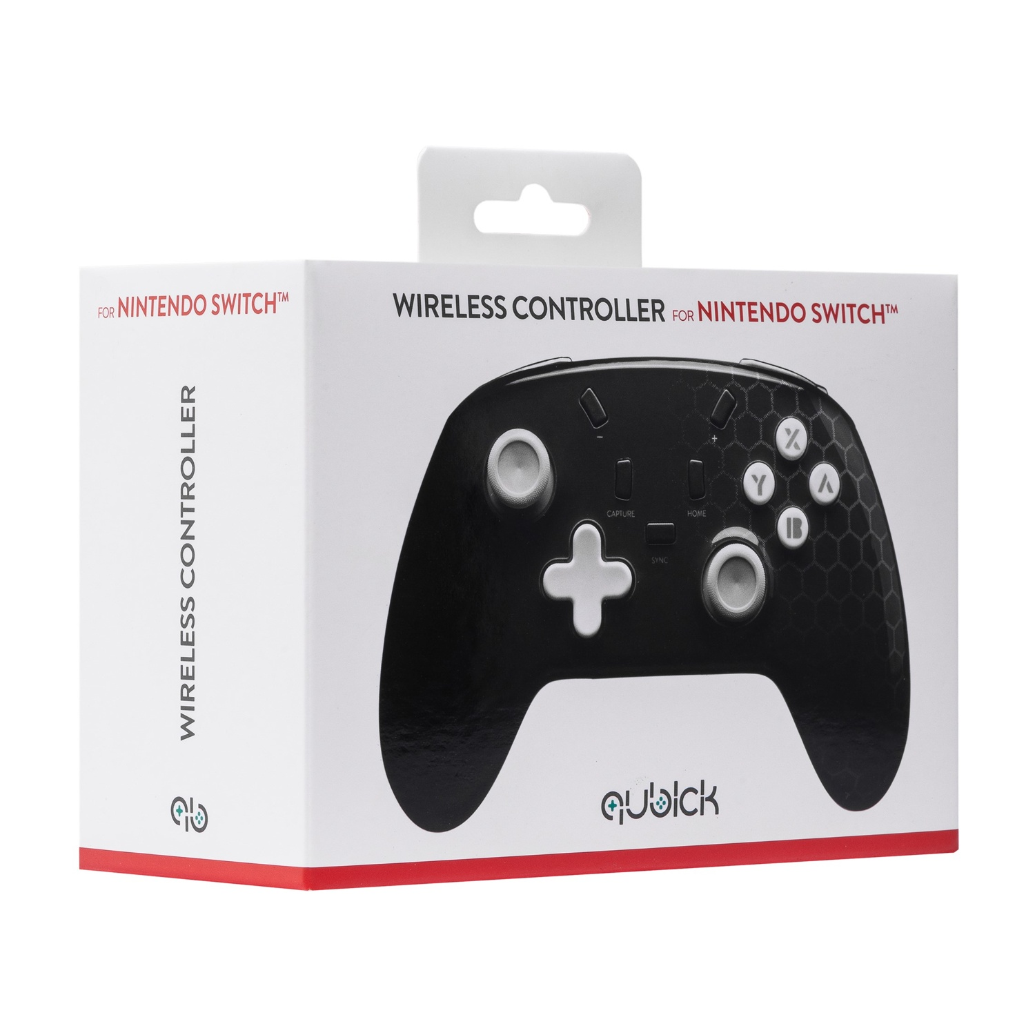 Una scatola bianca e nera per un controller wireless per Nintendo Switch.
