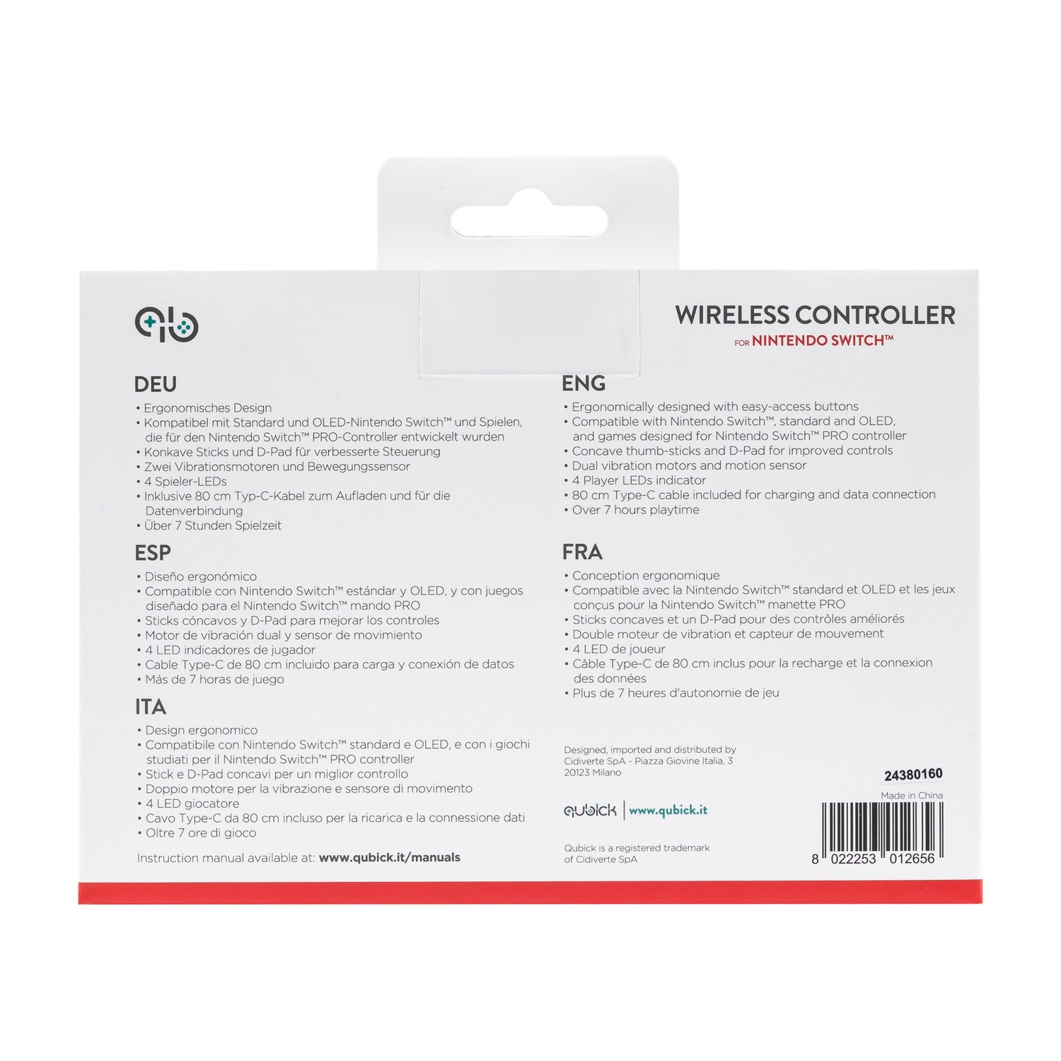 Scatola con dettagli del prodotto, testo multilingue e immagine del controller wireless.