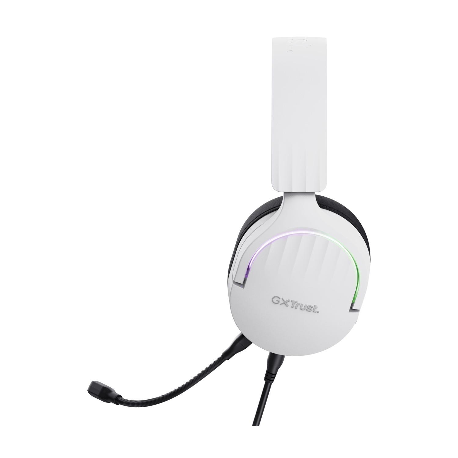 Un headset da gioco bianco con microfono, su sfondo bianco.