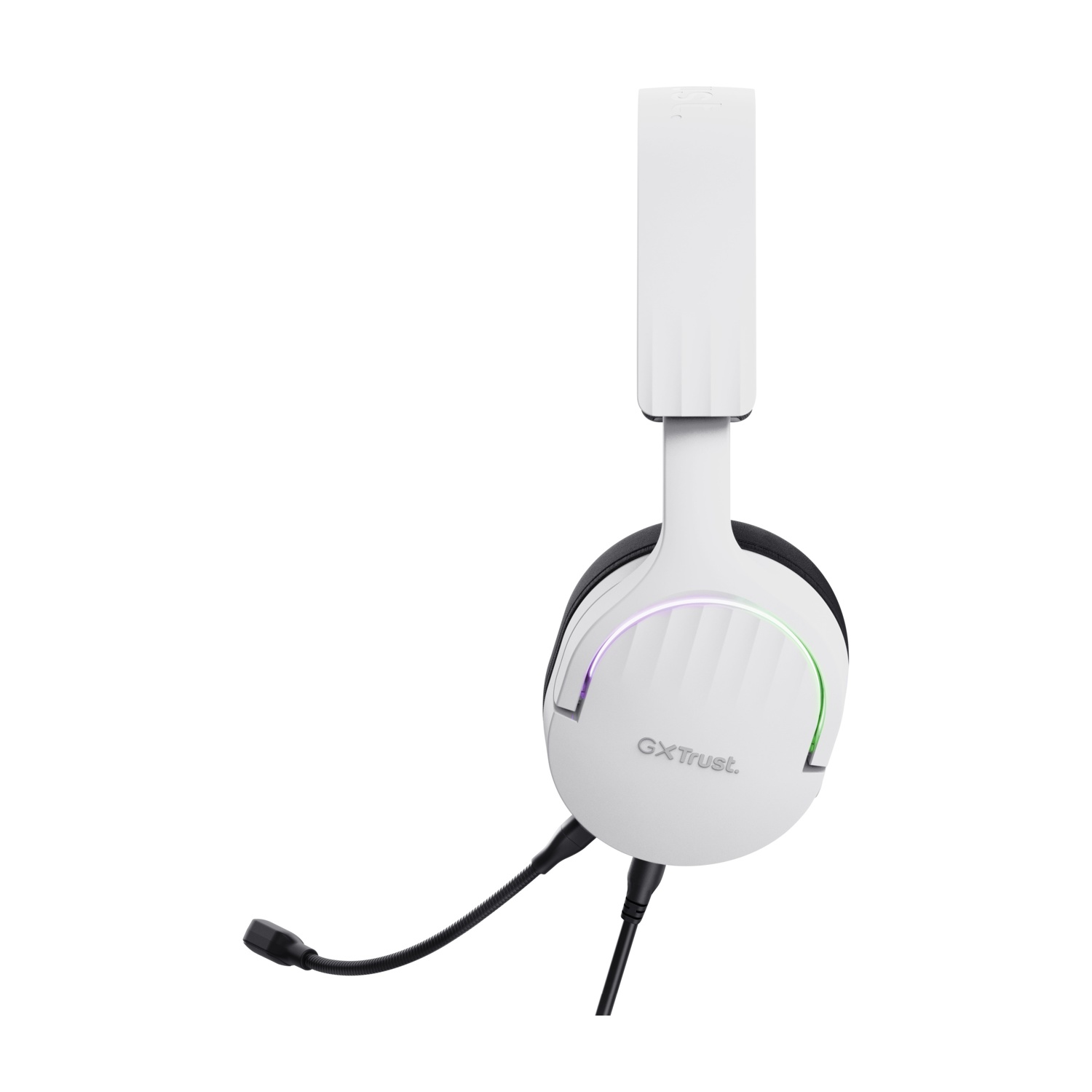 Cuffie bianche e nere con microfono, su sfondo bianco.