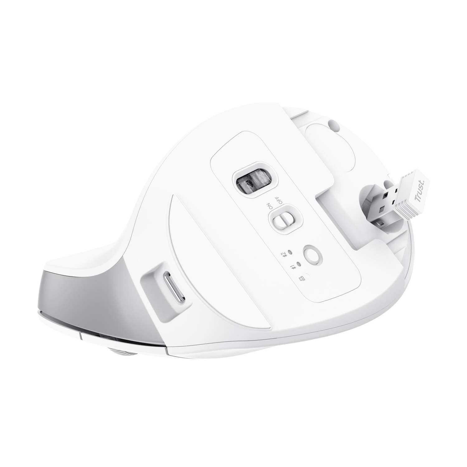 Mouse ergonomico bianco, vista dal basso. Ha pulsanti e un ricevitore USB.