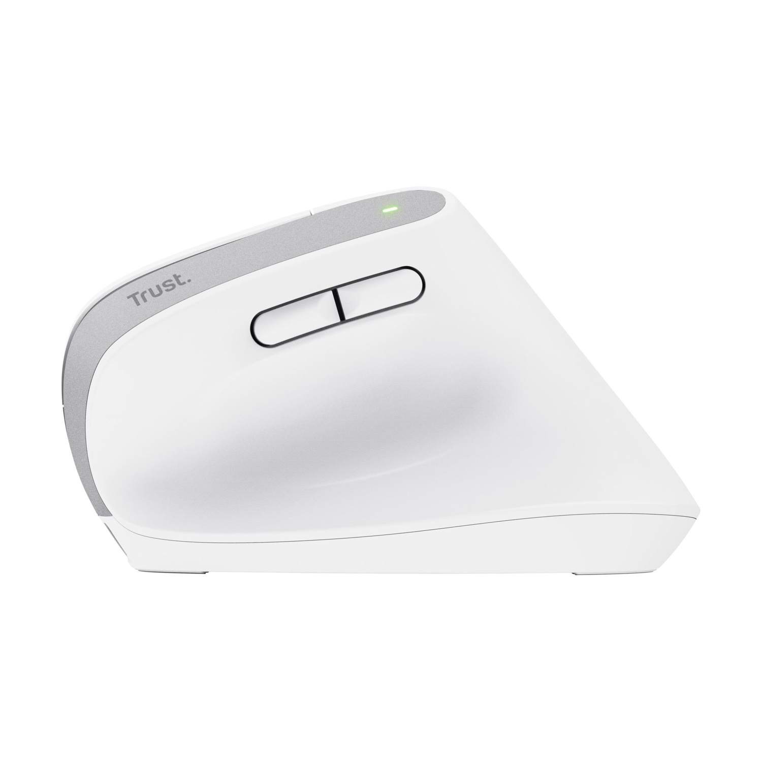 Mouse verticale bianco con due pulsanti e una barra di scorrimento su sfondo bianco.