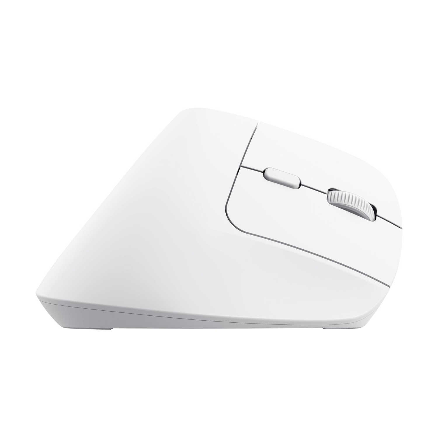 Mouse ergonomico bianco con rotella e due pulsanti, isolato su bianco.