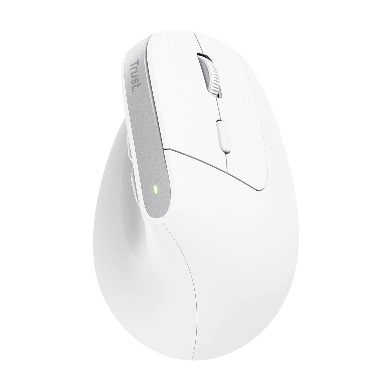 Mouse verticale bianco con pulsanti e rotella di scorrimento su sfondo bianco.