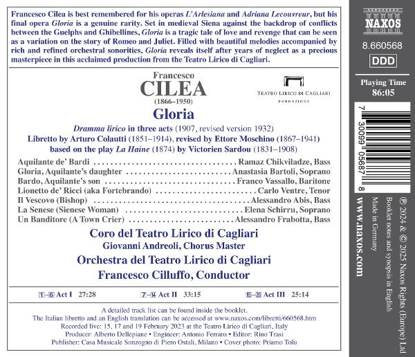 Ein Buchcover mit Text über die Oper Gloria von Francesco Cilea.