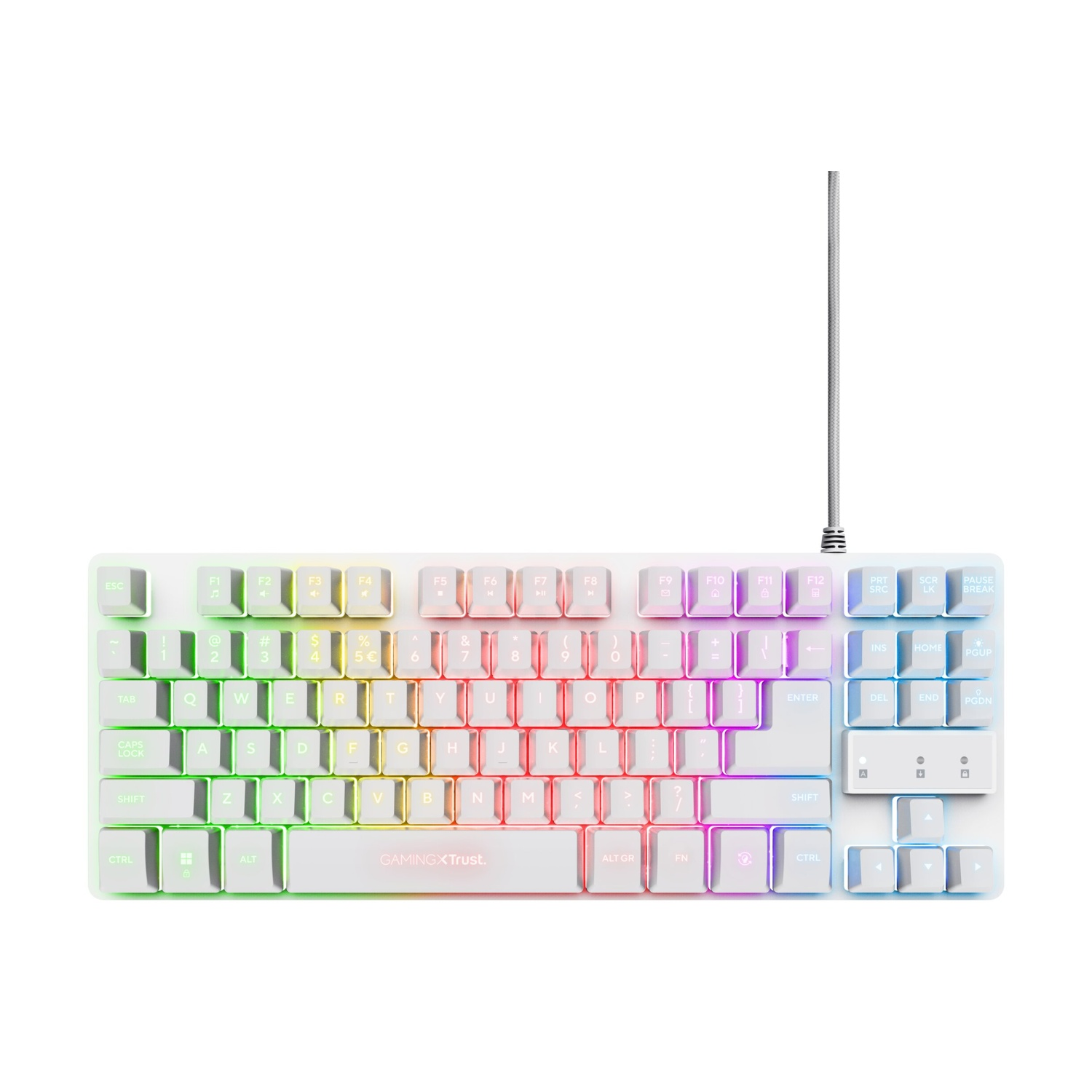 Una tastiera da gioco bianca con tasti multicolore. Un cavo bianco è collegato alla tastiera.