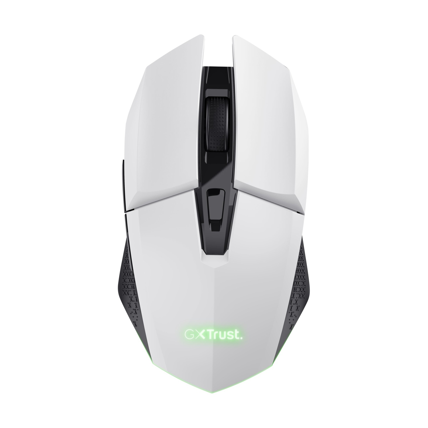 Un mouse da gioco bianco con dettagli neri e una rotella di scorrimento nera. Il logo è verde.