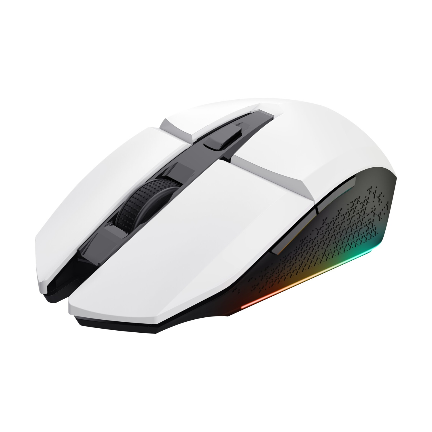 Un mouse da gioco bianco con dettagli neri e una rotella di scorrimento nera. I bordi hanno luci colorate.
