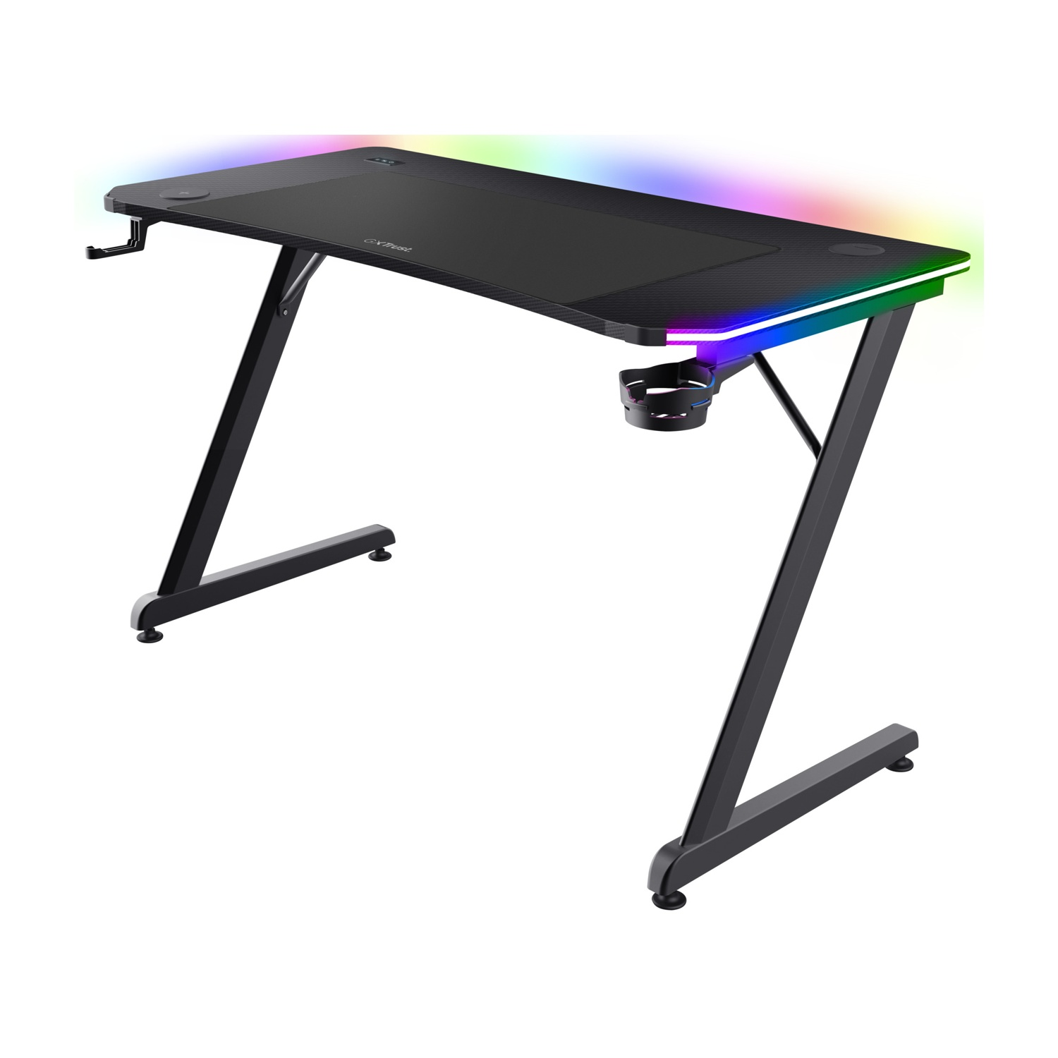 Scrivania da gaming nera con gambe a Z, portabicchieri e illuminazione LED colorata.