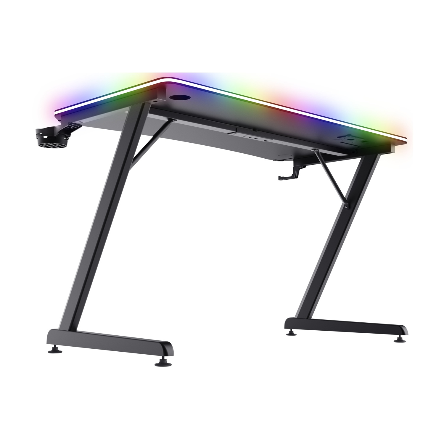 Una scrivania da gioco nera con una striscia luminosa a LED arcobaleno lungo il bordo superiore e gambe a forma di Z.