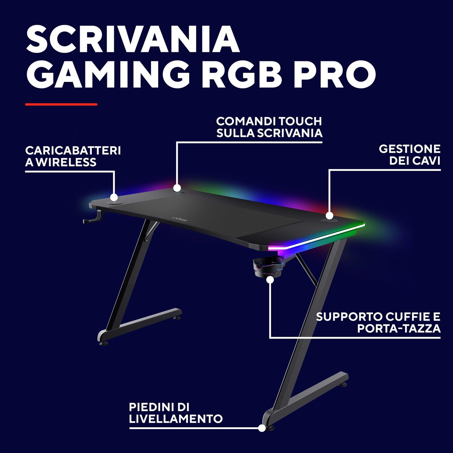 Scrivania da gaming con illuminazione RGB, con funzioni come ricarica wireless.
