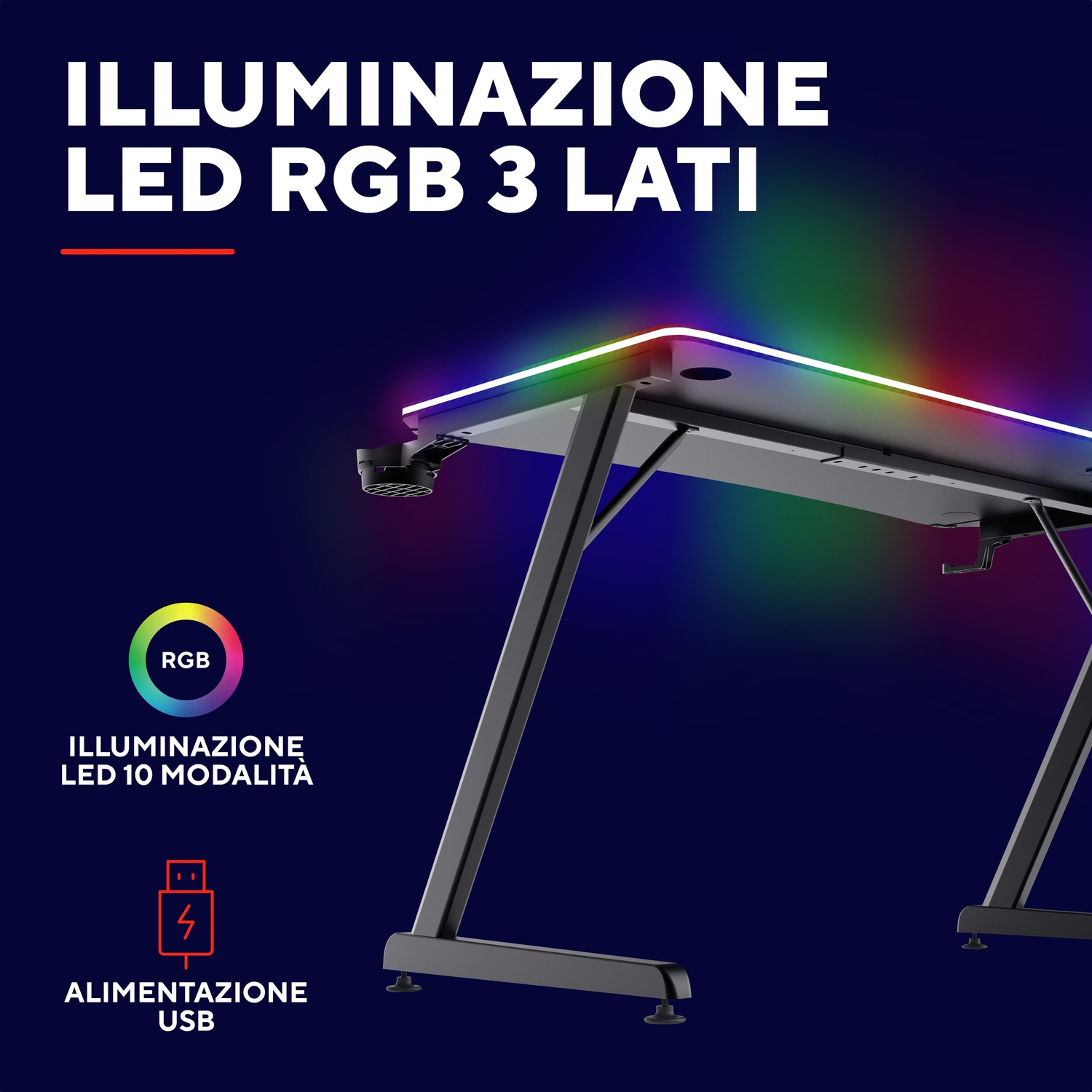 Scrivania da gaming con luci LED RGB, telaio nero e testo bianco.
