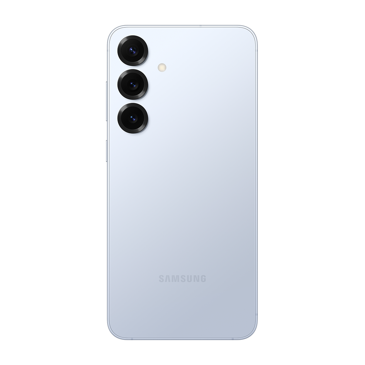 Üç kamerası ve "SAMSUNG" yazısı olan açık mavi bir akıllı telefonun arkası, siyah bir arka plan üzerinde.