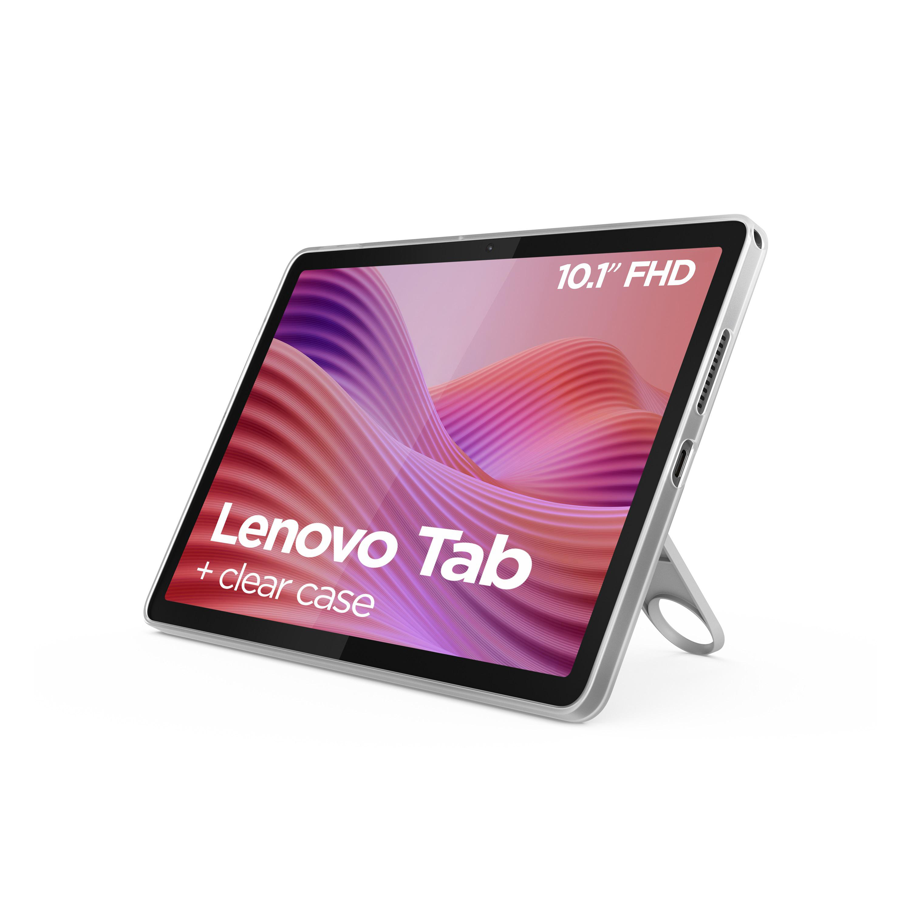 Ein Tablet mit klarer Hülle, in einem Winkel mit dem Lenovo Tab Logo angezeigt.