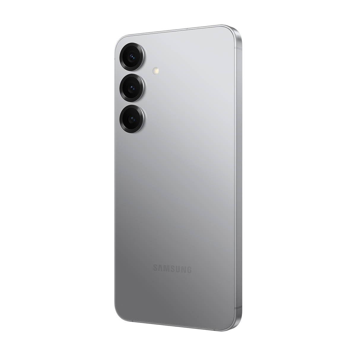 Kameralı ve Samsung logolu gümüş telefon arkası.
