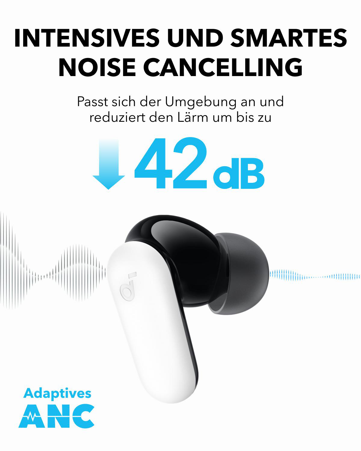 Weiße und schwarze Ohrhörer mit Text zur Geräuschunterdrückung.