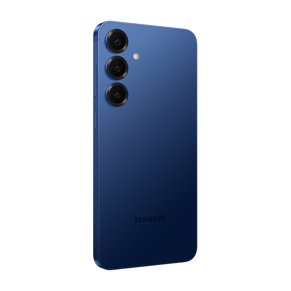 Siyah arka plan üzerinde üç arka kamerası olan mavi akıllı telefon. SAMSUNG logosu görünür.