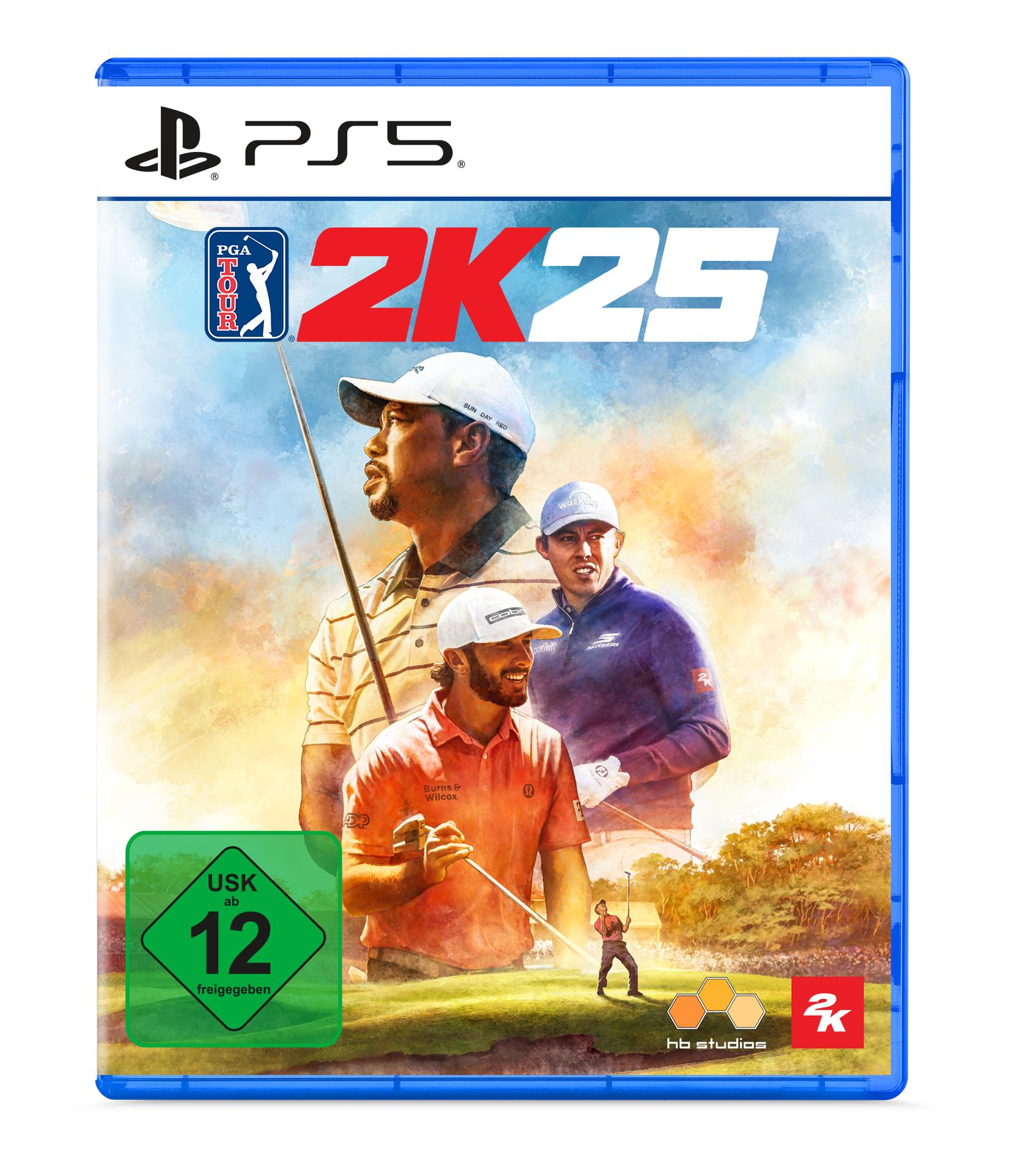 Spielcover für PGA Tour 2K25 mit drei Golfspielern, blauem Rand und PS5-Logo oben links.