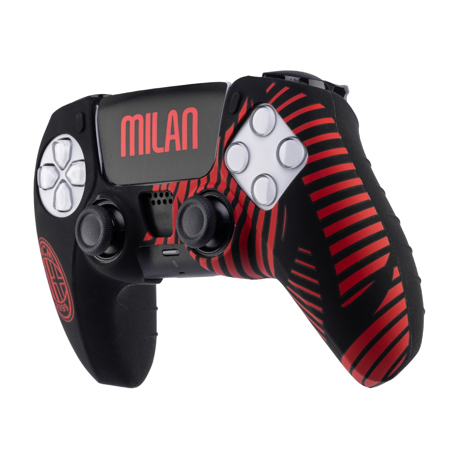 Controller PS5 nero con strisce rosse e logo Milan.