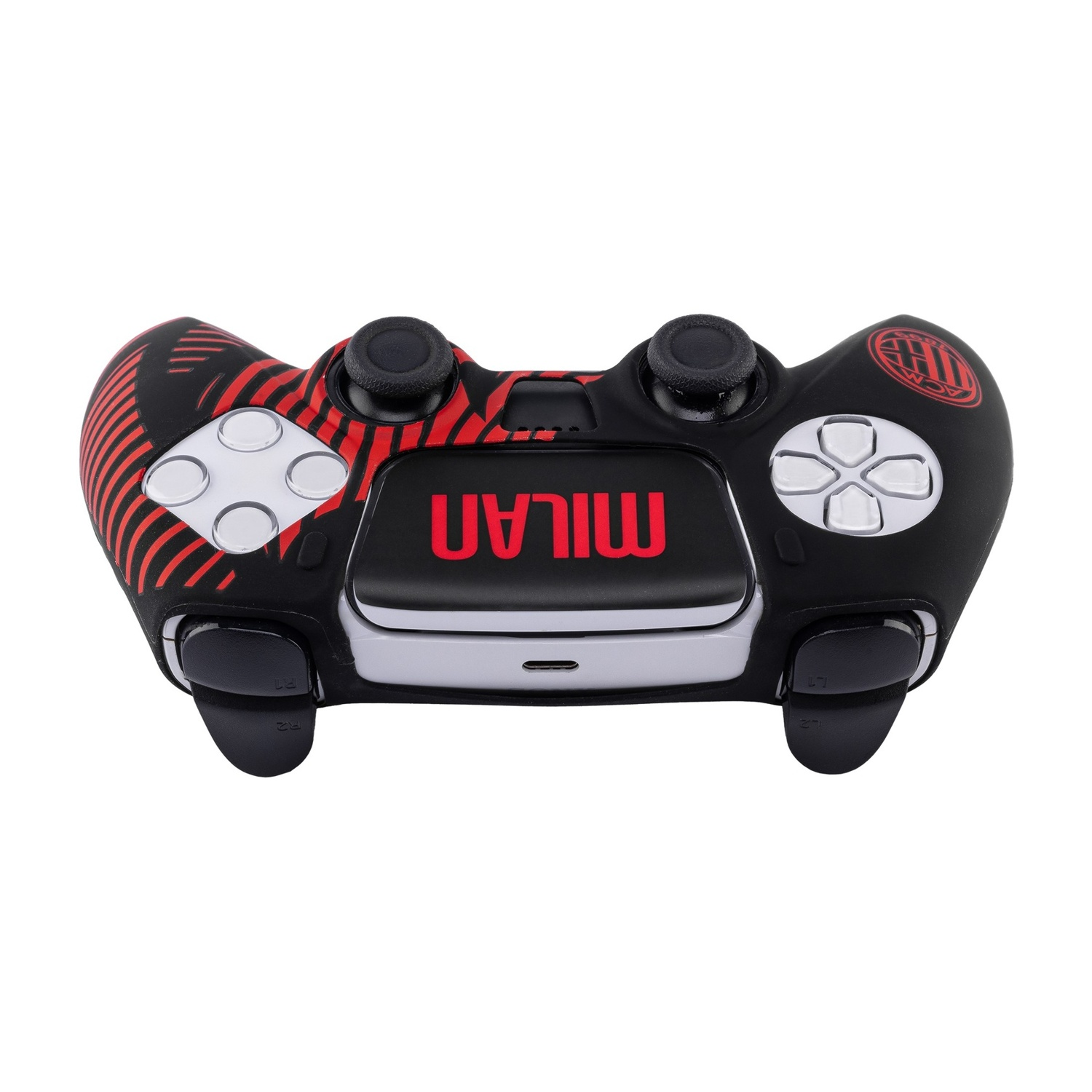 Skin per controller PS5 nero con strisce rosse e logo AC Milan. Pulsanti e levette visibili.