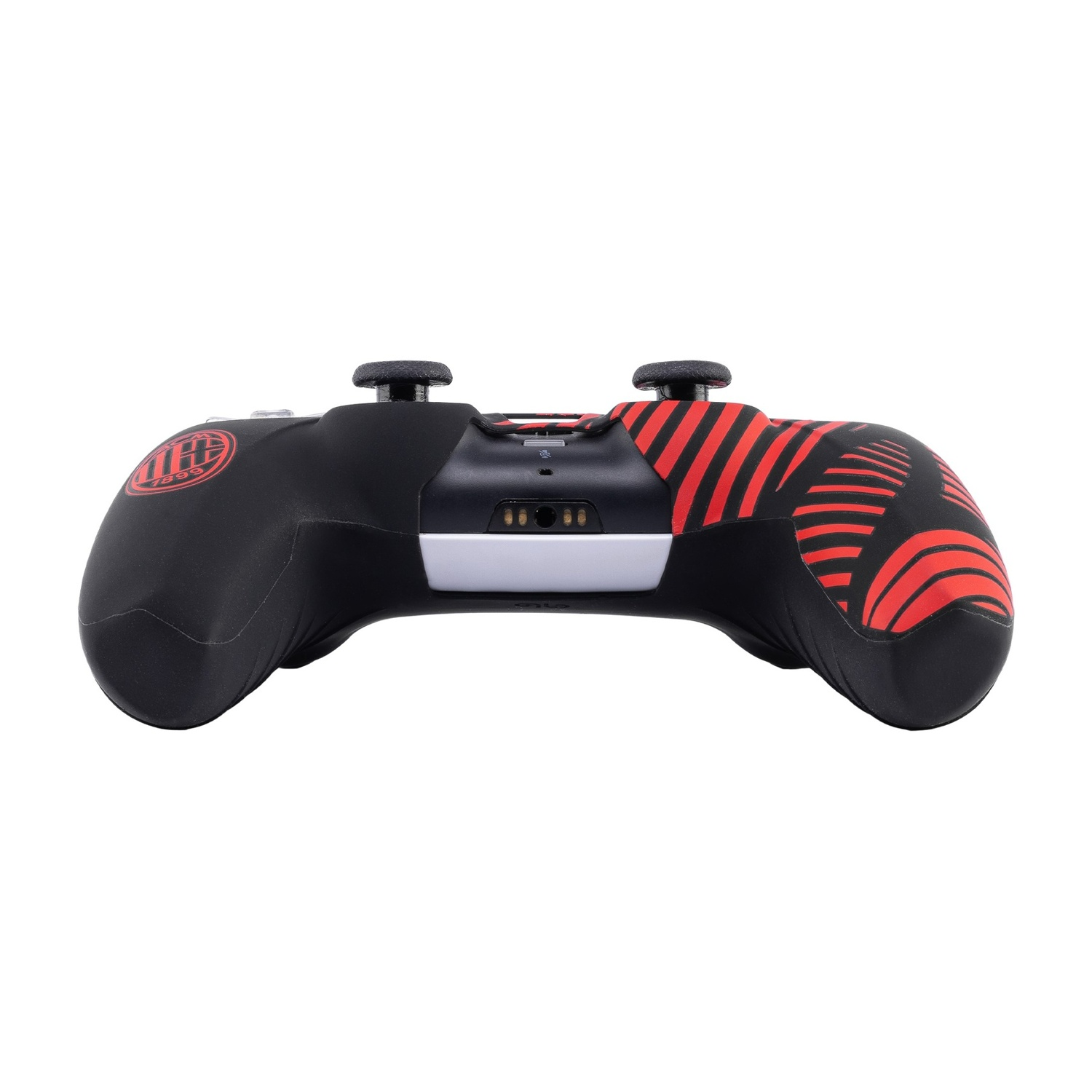 Un gamepad nero e rosso con i pulsanti rivolti verso l'alto.