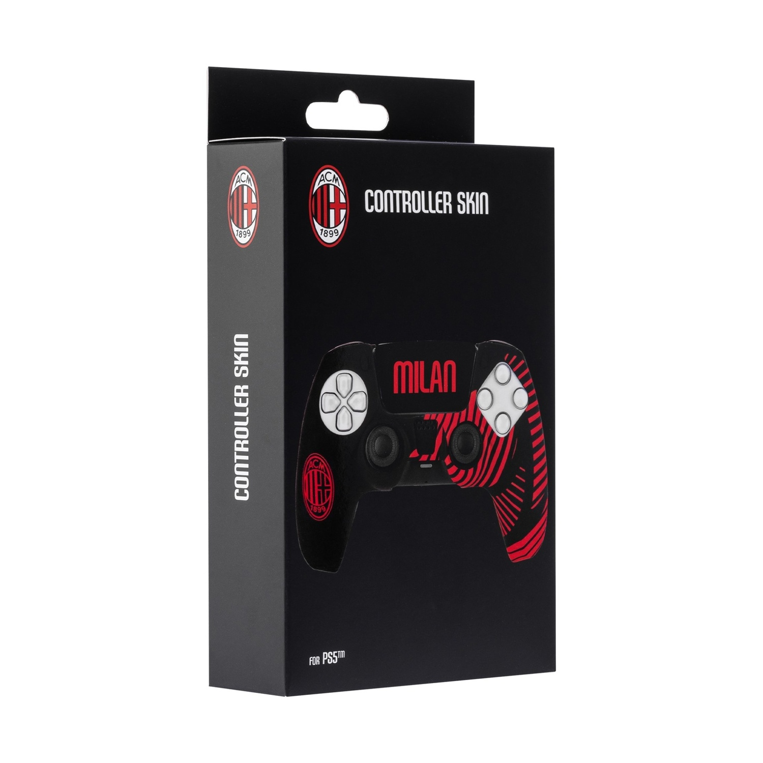 Scatola skin controller. Scatola nera con immagine controller e logo Milan. Testo: Skin controller e Per PS5.
