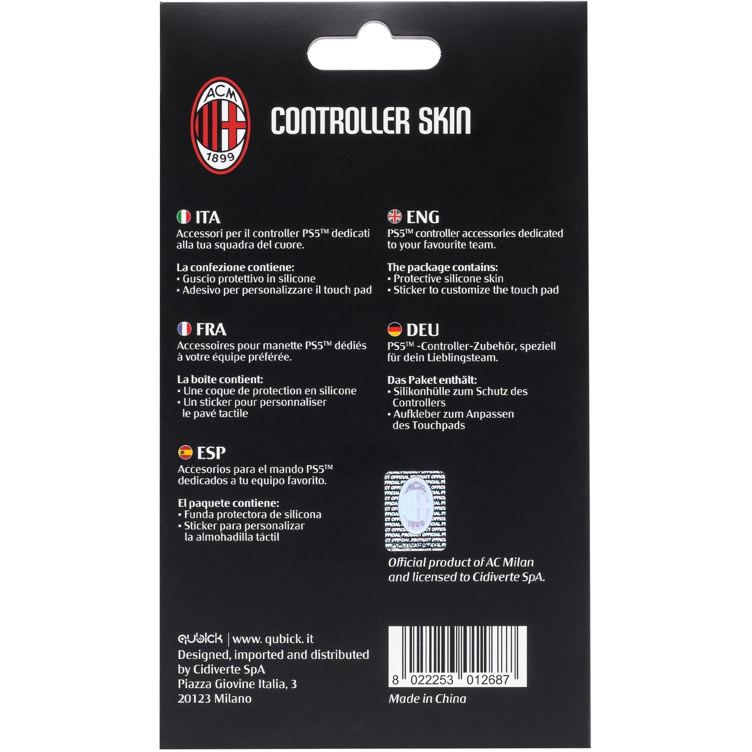 Confezione della skin del controller PS5. Nero con testo in più lingue.