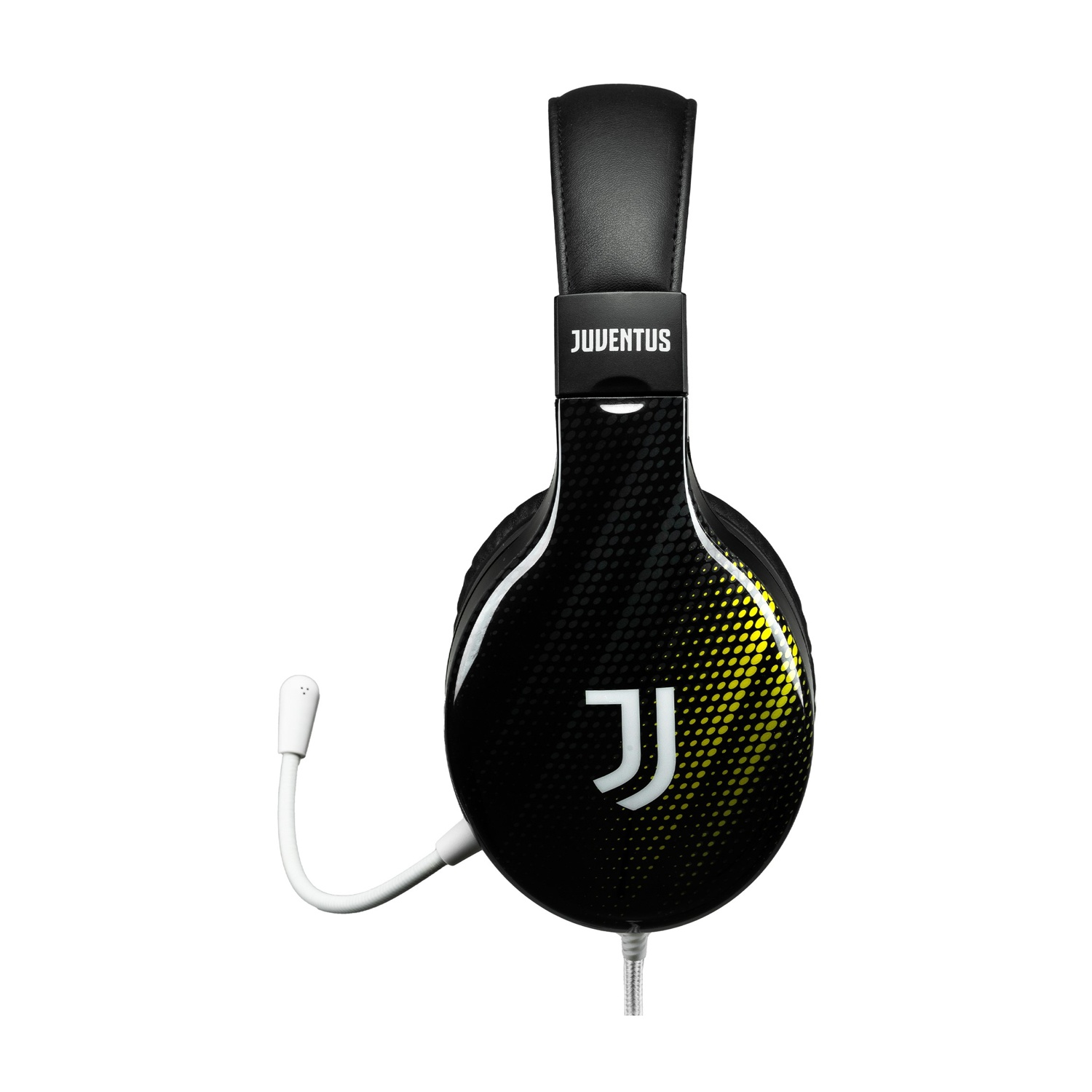 Cuffie nere con il logo Juventus e un microfono bianco.