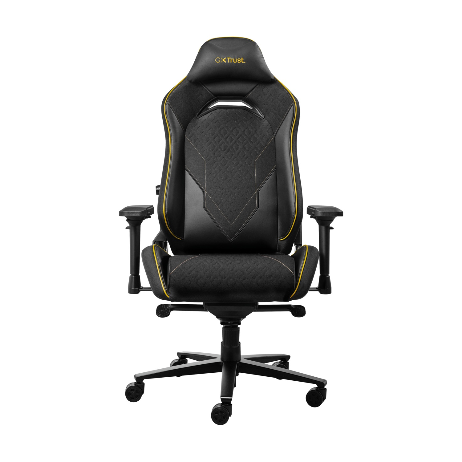 Sedia da gaming nera con dettagli gialli. Schienale alto, braccioli e ruote.