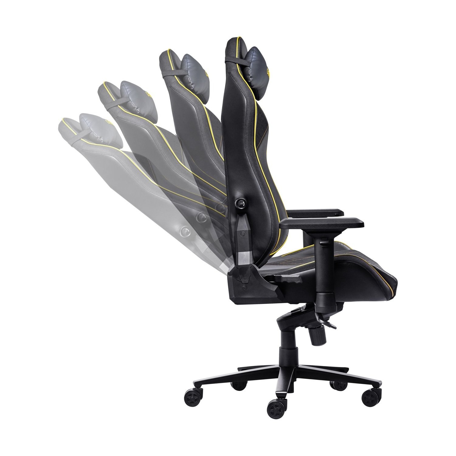 Sedia gaming nera e gialla. La sedia è mostrata reclinata. Sfondo bianco.