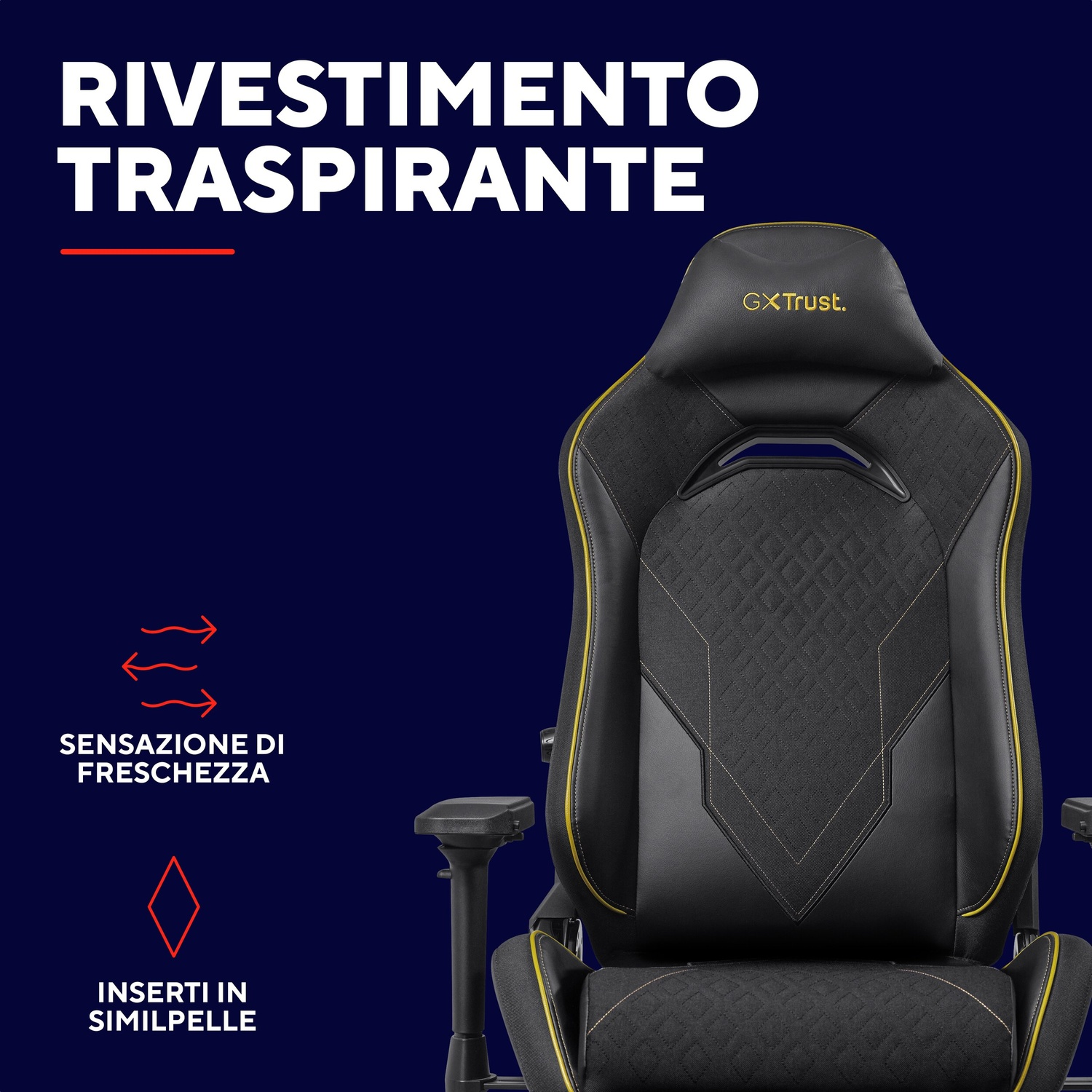 Una sedia da gaming nera con dettagli gialli e testo sul tessuto traspirante.
