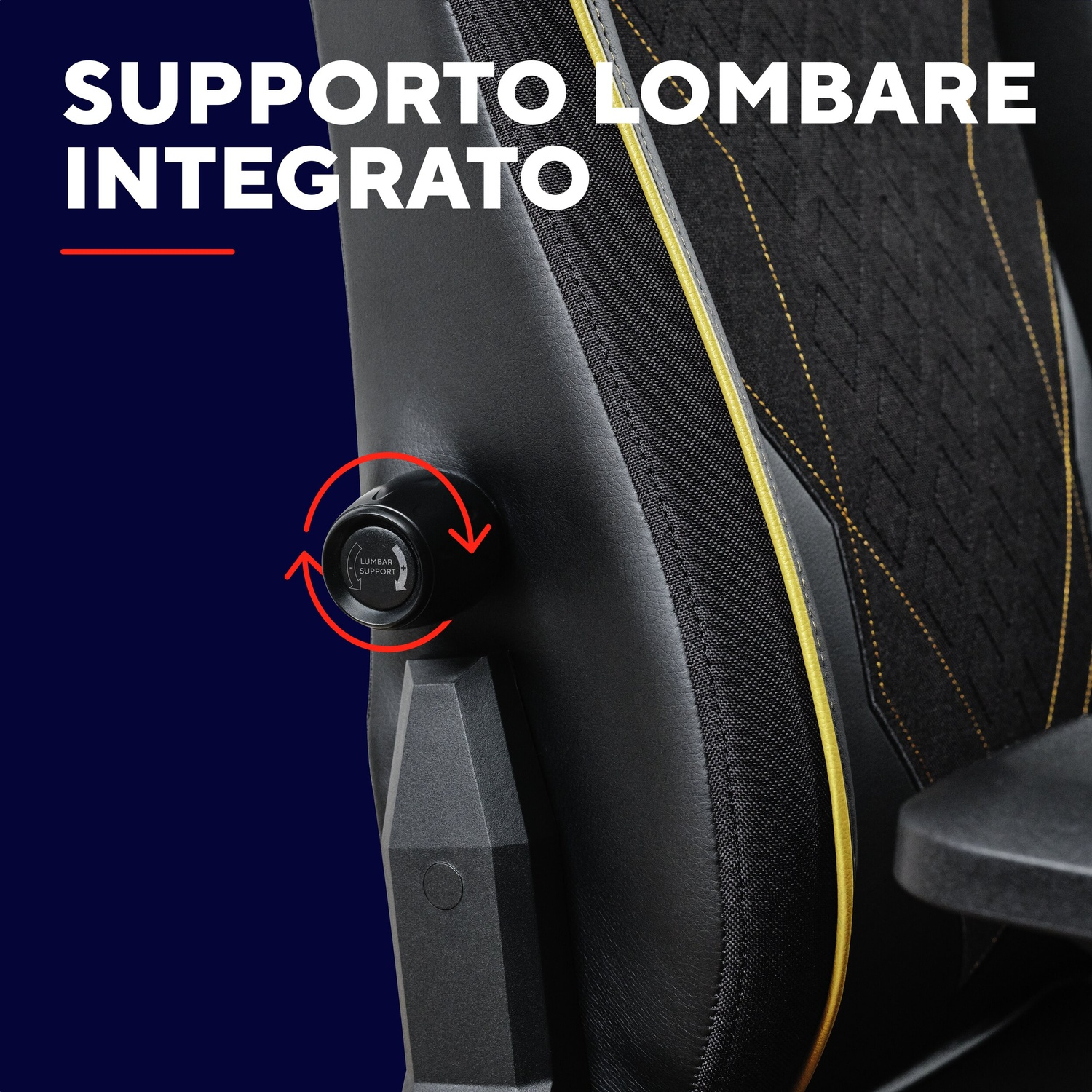 Sedia nera con dettagli gialli e supporto lombare.