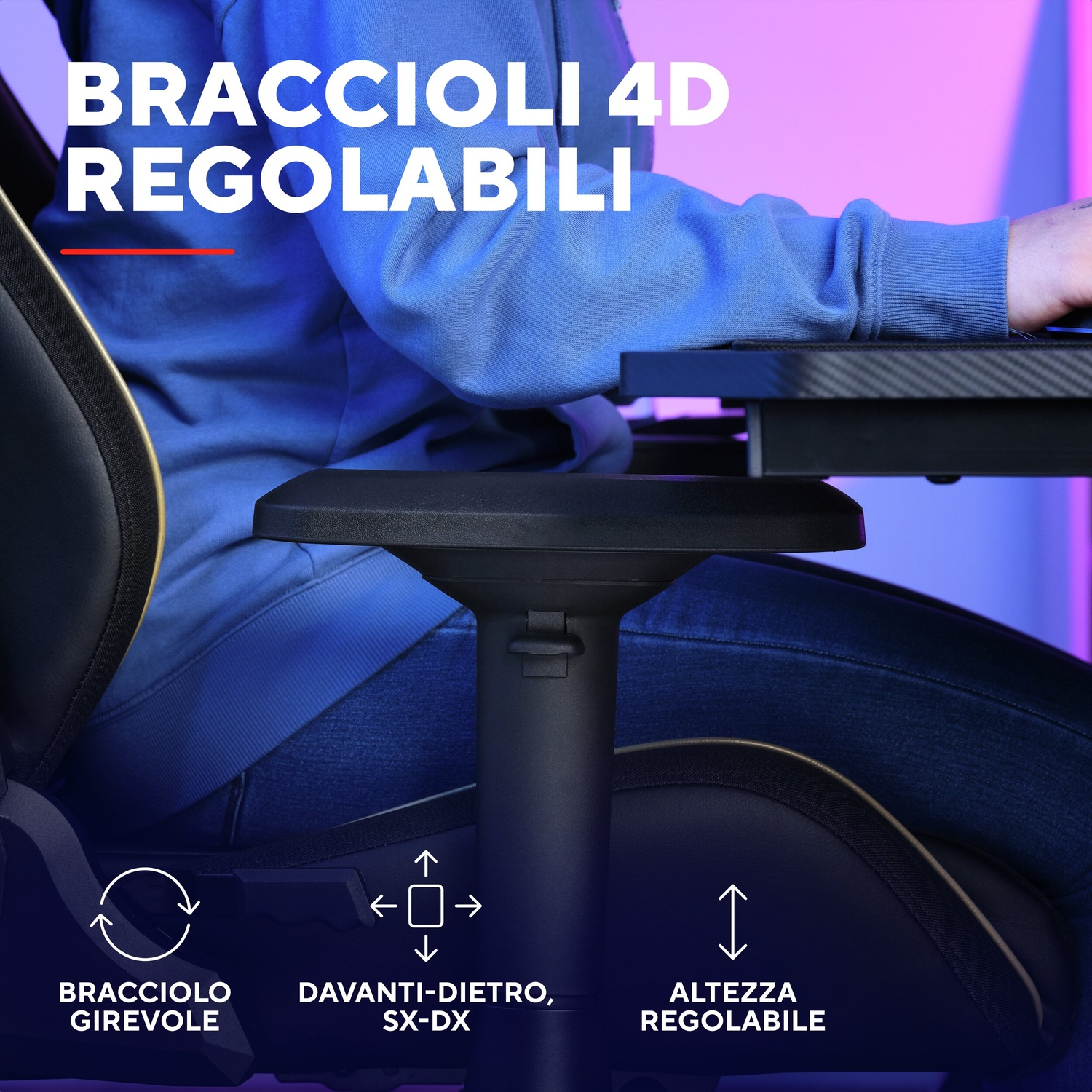Primo piano di un bracciolo di sedia da gaming nero con funzioni regolabili.